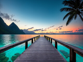 Travel, Holiday, Vacation Concept - a long dock leading out into a beautiful tropical bay - generative ai image