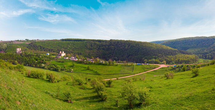 Spring view of Chervonohorod Castle  ruins ( Nyrkiv village , Zalischyky Raion, Ternopil Oblast, Ukraine). Built in  early 17th century.