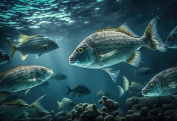 Fototapeta premium pretty fishes in the darken ocean created with Generative AI technology