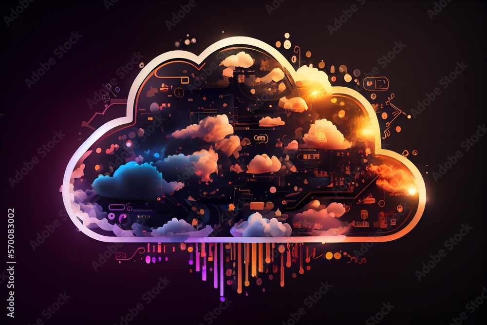 Poster glowing cloud icon technology concept, exploded panel with cloud services and data protection, artif