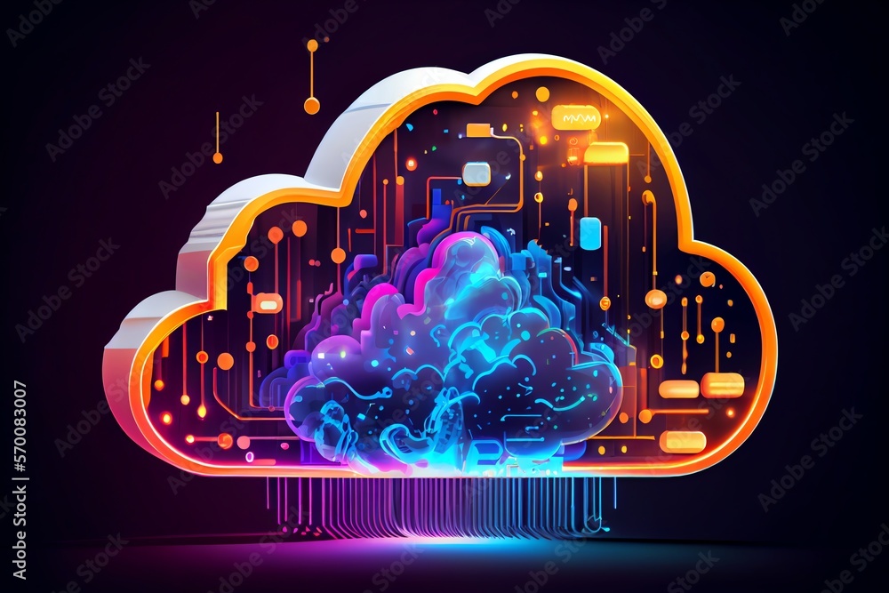 Poster glowing cloud icon technology concept, exploded panel with cloud services and data protection, artif