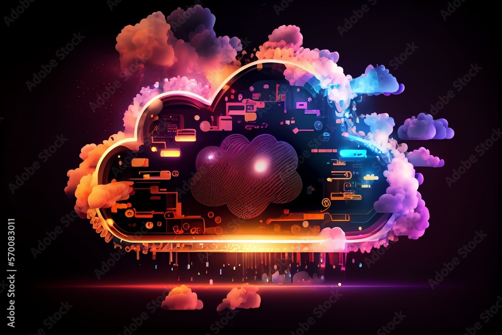 Poster glowing cloud icon technology concept, exploded panel with cloud services and data protection, artif
