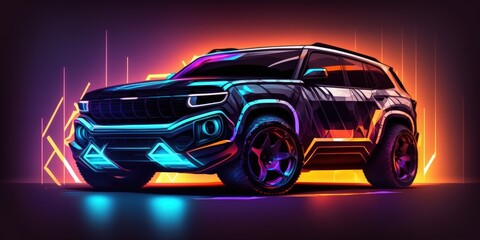 Naklejka premium On the tech space, a neon cyberpunk automobile is surrounded by vertical light rays. Front of the SUV vehicle. Professionally created generic, undiscovered automobile model. Generative AI