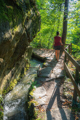 Girl walking near a Waalweg (Water path) in Scena - Schenna, South Tyrol, Südtirol, Trentino Alto Adige, Italy