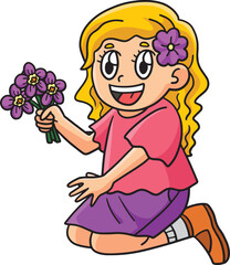 Spring Girl Picking Flowers Cartoon Clipart