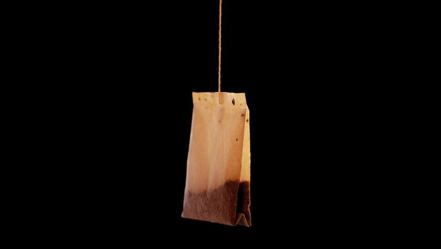 Single used brown paper teabag with delicious herbal brew hang swaying on thin thread on black background extreme closeup