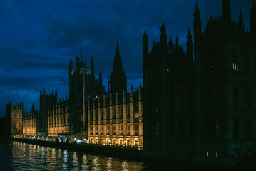 Parliament and thames river at night.
