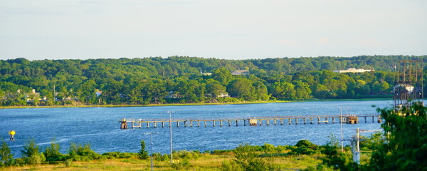 Portland Maine USA: 07 13 2022: Landscape of Fore river and Portland Harbor and Downtown in Maine	
