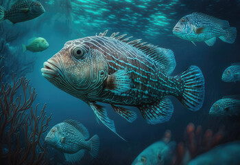 Fototapeta na wymiar pretty fishes in the darken ocean created with Generative AI technology