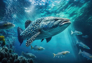 Obraz premium pretty fishes in the darken ocean created with Generative AI technology