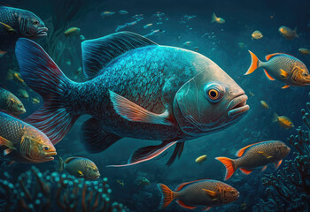 Fototapeta premium pretty fishes in the darken ocean created with Generative AI technology