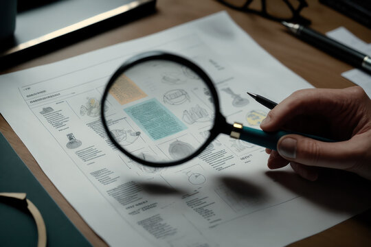 Check paper with magnifying glass