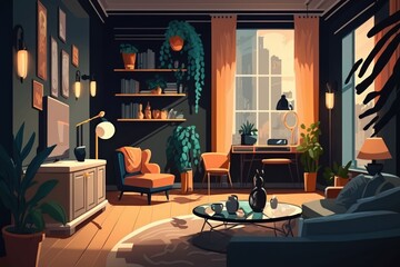Modern interior design of a living room in an apartment, house, office, fresh flowers and bright modern interior details and sunbeams from a window against a background of dark walls. Generative AI