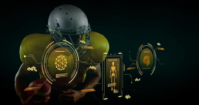 Animation of data processing over african american male american football player