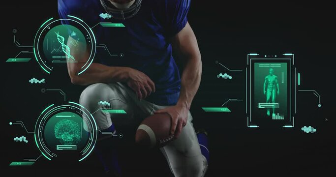 Animation of data processing over caucasian male american football player