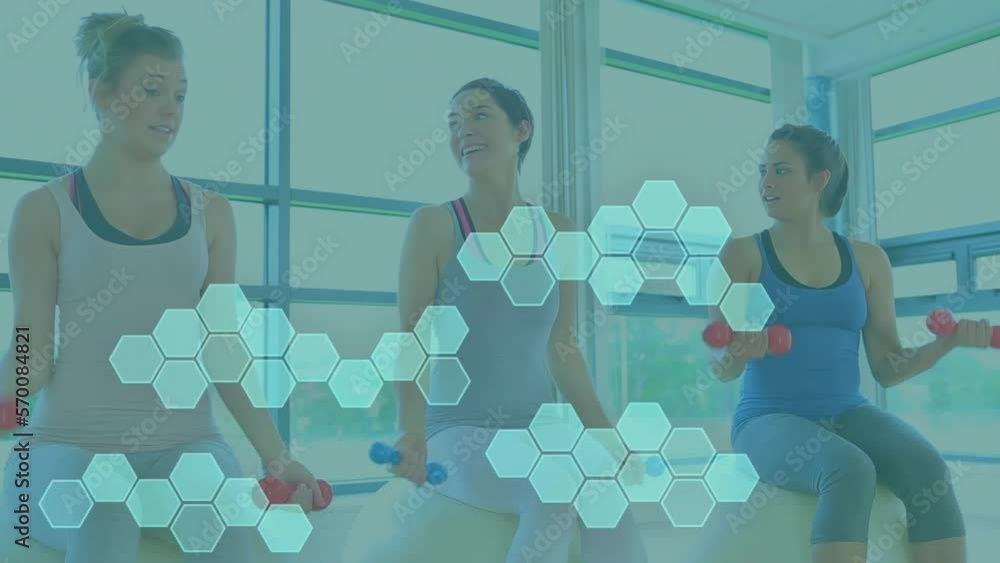 Poster animation of data processing over diverse women exercising in gym with weights