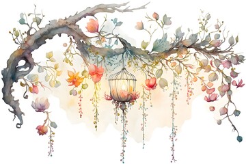 A colorful watercolor illustration of a tree branch with flowers and a lantern 