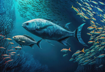 Fototapeta premium swam of fishes in the ocean created with Generative AI technology