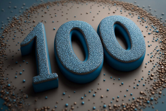 Number 100 in 3d relief with glitter and light blue and blue colors. One hundred. Generative ai. Top view. 