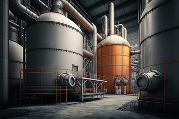 Chemical tanks and pipes in a factory producing industrial chemicals, concept of Safety Precautions and Pollution Control, created with Generative AI technology