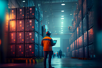 warehouse stock engineer man scanning package with barcode scanner check goods in transportation and distribution in warehouse.logistic Industrial and business export. Stock manager using laptop at - obrazy, fototapety, plakaty