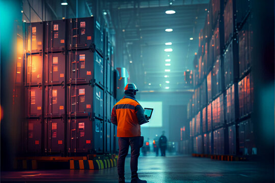 warehouse stock engineer man scanning package with barcode scanner check goods in transportation and distribution in warehouse.logistic Industrial and business export. Stock manager using laptop at