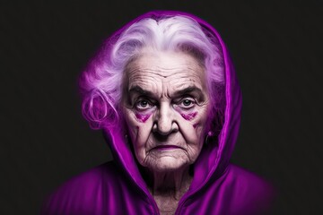 Fashion model granny woman depressed, studio lighting, magenta, concept of Mature Beauty and Age Empowerment, created with Generative AI technology