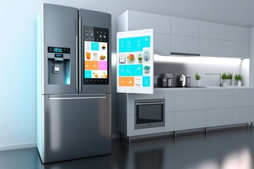 Kitchen with smart appliances with display screen and a smart oven with voice-controlled settings, concept of Smart Home and Artificial Intelligence, created with Generative AI technology