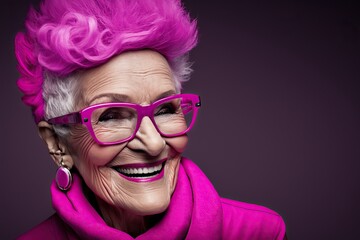 Fashion model granny woman happy, studio lighting, magenta, copyspace, concept of Glamour and Aging Gracefully, created with Generative AI technology