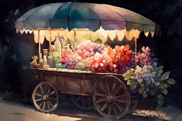 A colorful watercolor illustration of a vintage flower cart with a variety of flowers for sale