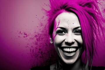 Grunge woman happy studio lighting magenta copyspace, concept of Moody Portrait and Retro Aesthetic, created with Generative AI technology