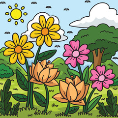 Spring Flowers In A field Colored Illustration