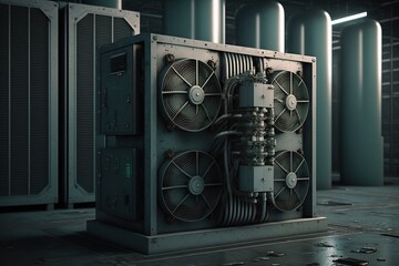 Industrial ventilator cooling a large computer server room, concept of Heat Exhaustion and Air Circulation, created with Generative AI technology