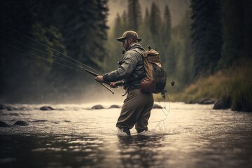 Man in waders fly fishing in a river, concept of Outdoor Adventure and Wildlife Watching, created with Generative AI technology - obrazy, fototapety, plakaty
