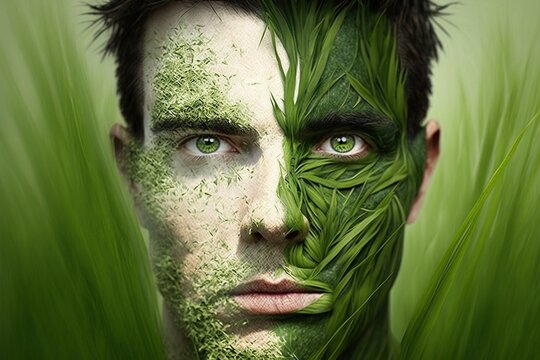 Man who gradually turning into grass, concept of Metamorphosis and Transformation, created with Generative AI technology