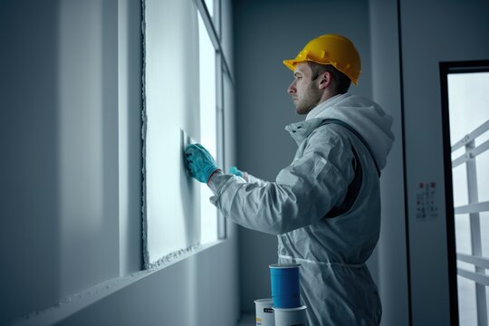 Painter applying paint to the walls of a new building, concept of Brushstrokes and Color Blending, created with Generative AI technology