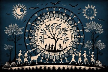 Fototapeta premium Sky painted in warli style, concept of Folk Art and Tribal Art, created with Generative AI technology