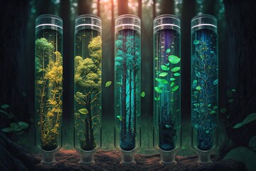Test tubes in forest, concept of Laboratory and Nature, created with Generative AI technology