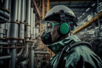 Worker in protective gear monitoring the production process in a chemical plant, concept of Safety and Compliance., created with Generative AI technology