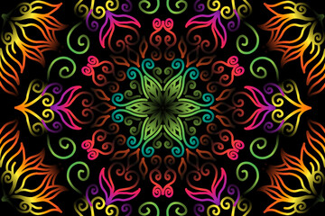 Beautiful caleidoscope symmetrical colourful gradient flowers line art of traditional abstract symbol batik dayak ornament design template elements