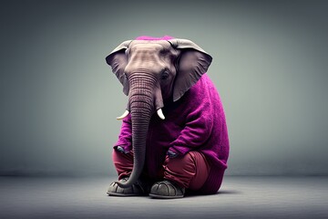 Young hipster elephant depressed studio lighting neutral background magenta colour copyspace full body, concept of Moody and Thoughtful, created with Generative AI technology - obrazy, fototapety, plakaty