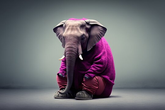 Young hipster elephant depressed studio lighting neutral background magenta colour copyspace full body, concept of Moody and Thoughtful, created with Generative AI technology