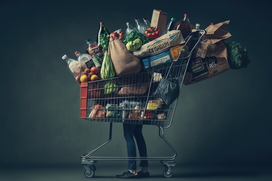 Person carrying a grocery basket filled with items on sale, concept of Bargain Shopping and Load Carrying, created with Generative AI technology