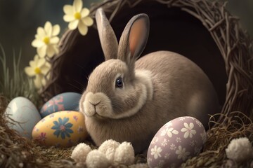 Easter bunny with easter eggs background , Generative ai	
