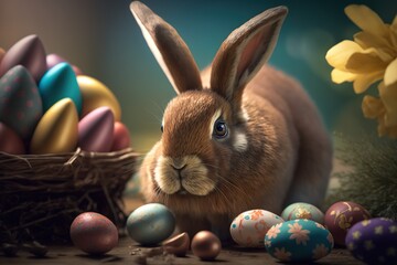 Fototapeta na wymiar Easter bunny with easter eggs background , Generative ai 