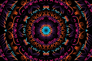 Beautiful caleidoscope symmetrical colourful gradient flowers line art of traditional abstract symbol batik dayak ornament design template elements