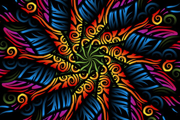 Beautiful caleidoscope symmetrical colourful gradient flowers line art of traditional abstract symbol batik dayak ornament design template elements