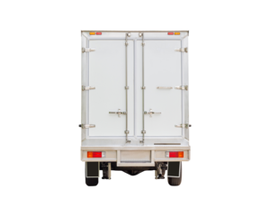 Rearview white delivery van with clipping path on white background, Cargo van delivery truck vehicle template mockup