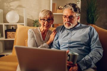 Senior couple using laptop while sitting on a couch at home