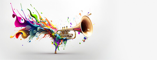 Trumpet colorful splash illustration on white background, horizontal banner with copy space. Generative AI - obrazy, fototapety, plakaty